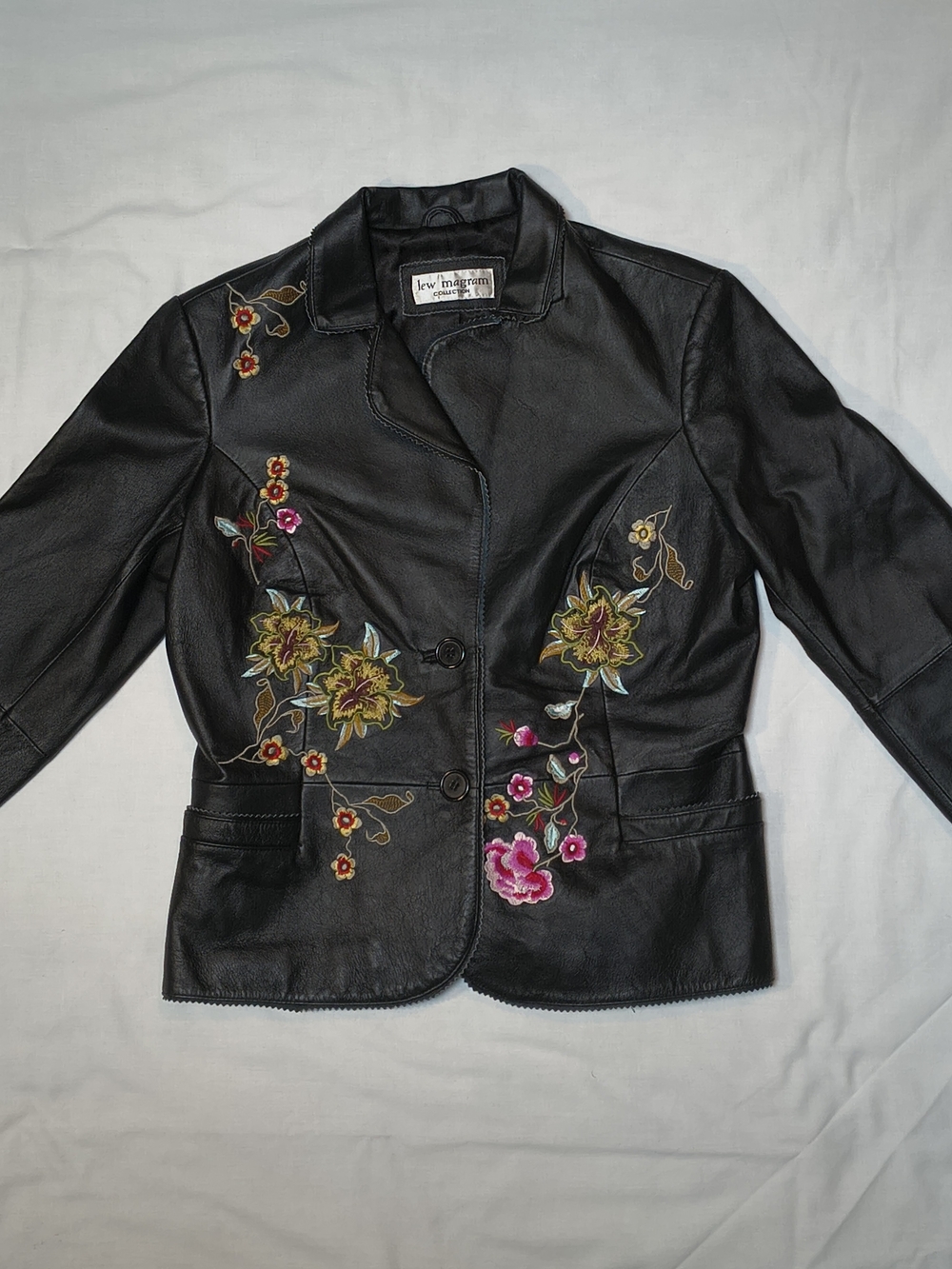 Lew And Magram Max & Co. Black Leather Jacket with Floral Embroidery